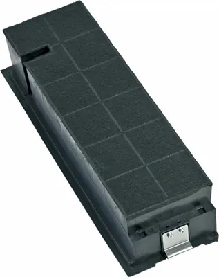 A black carbon filter for a range hood, shown from a slightly elevated diagonal angle against a white background.