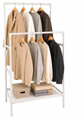 Produktbild von Relaxdays Kleiderständer, 2 Stangen mit Ablage, Stecksystem, HBT: 157 x 85 x 46 cm, Metall & Stoff, Garderobe, weiß