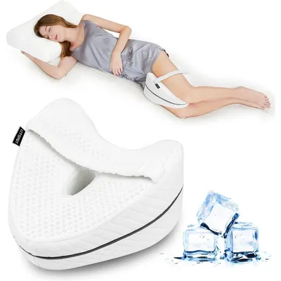 Immagine prodotto di Cuscino per le ginocchia per chi dorme su un lato, imbottitura ortopedica in memory foam, effetto rinfrescante, bianco con pois e fascia