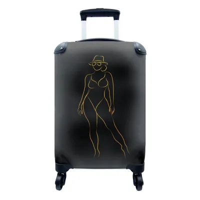 Produktbild von MuchoWow® Koffer Handgepäck Trolley Rollkoffer Kleine Reisekoffer mit 4 Rollen - Sonnenbrille - Schwarz - Gold - Linienkunst - Cabin Size < 55x40x23 cm & 55x40x20 cm - Fotokoffer - Kabinenkoffer - Boardgepäck - Reise-Box - Reisekoffer - Reisegepäck - Koffer mit Bild - Trolley für Kinder
