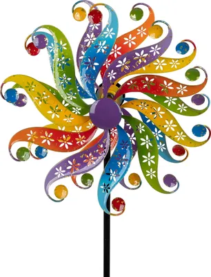 Produktbild von Gartenstecker doppel Windrad Windmühle Metall Windspiel Blume Deko Garten Figur