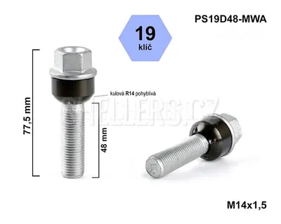 Obrázek produktu pro Kolový šroub M14x1,5x48 kulová R14 pohyblivá, klíč 19, výška 77,5