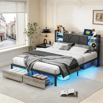 Image de Lit 140x200 cm avec espace de rangement, lit en métal, lit plateforme en métal, tête de lit avec éclairage LED et espace de rangement, lit avec rangement et deux tiroirs, revêtement en PU, couleur noire