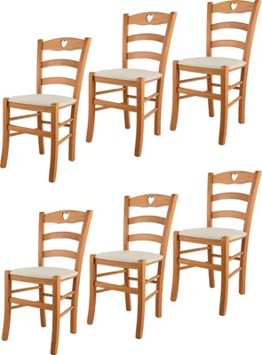 Produktbild von t m c s Tommychairs - 6er Set Stühle CUORE für Küche und Esszimmer, Robuste Struktur aus lackiertem Buchenholz im Farbton Honig und gepolsterte Sitzfläche mit Stoff in der Farbe Elfenbein bezogen