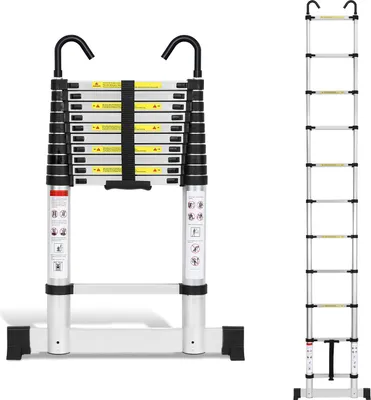 Produktbild von Faziango Aluminium Teleskopleiter 3,2M Silber, Leiter Ausziehbar mit Stabilisator und Abnehmbaren Haken, Klappleiter, Mehrzweckleiter, Stehleiter, Haushaltsleiter, Außenleiter, 150 kg Belastbarkeit