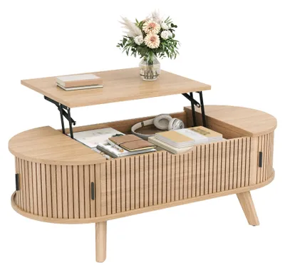 Immagine prodotto di Tavolino ovale, con altezza regolabile, dotato di spazio contenitivo nascosto, 2 ante scorrevoli e finitura effetto legno venato