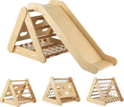 Produktbild von 4 IN 1 Kletterdreieck mit Rutsche und Kletternetz, Indoor Klettergerüst, Sprossendreieck zum Rutschen und Klettern Kletterspielzeug, aus Holz für Kinder ab 1 Jahre (Natur)