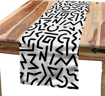 Produktbild von ABAKUHAUS Geometrisch Tischläufer, Monochrome Abstract Shapes Achtziger und Neunziger Inspirationslinien und Kreise, 40 x 180 cm, Weiß Schwarz