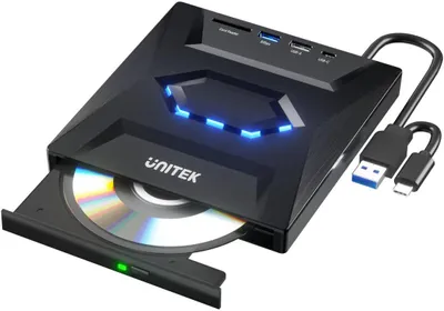 Imagen del producto de UNITEK - Unidad externa de grabación de DVD/CD, concentrador USB de 5 Gbit/s, lector de tarjetas SD, modelo T1037A01