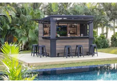 Produktbild von Keter Bar Shed, Marktstand Signature Ashwood, Gartenbar inkl. Theke, Glasaufhänger-Set, Regalset, TV Befestigung 279 x 2