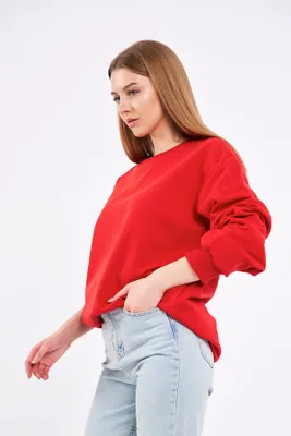 Produktbild von COMEOR Sweatshirt Damen Bequemer Oversize Pullover aus Baumwolle, Langarmshirt als Basic Pulli ohne Kapuze Regular Fit (Rot XL)