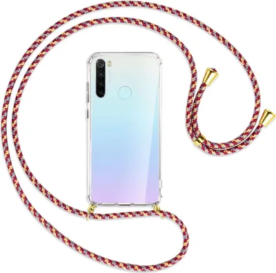 Produktbild von Handykette Backcover-Schutzhülle mit Band (Metall goldfarben) für Xiaomi Redmi Note 8 - weinrot/gelb/grau