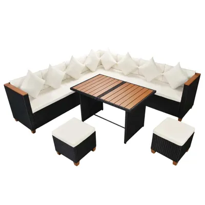 Image de vidaXL Ensemble de salon de jardin 7 pièces avec coussins Poly rotin noir