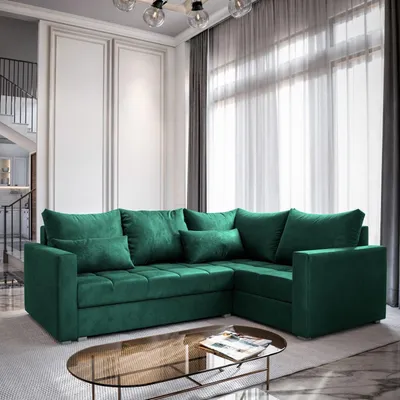 Produktbild von Masseno Ecksofa LIRENO R-S mit Schlaffunktion L-Form, Sofa mit Bettkasten, Wohnzimmersofa, Couch, Soffa, Bettsofa, Couchgarnitur- Grün, KRONOS 19