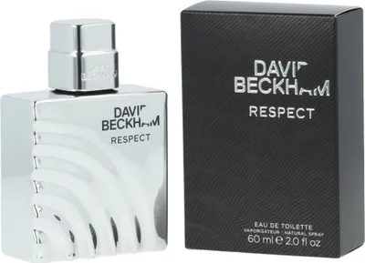 A bottle of David Beckham Respect Eau de Toilette and its packaging are shown side-by-side against a white background.