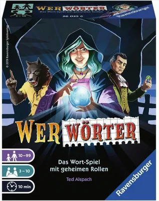 The image shows the box art for the board game 'Werwörter' by Ravensburger. It features stylized illustrations of a wolf, a sorceress holding a crystal ball, and a man in historical attire. The game's title and subtitle are prominently displayed, along wit