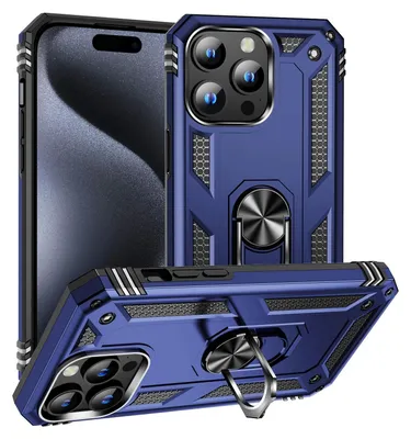 A blue protective phone case with a ring holder is shown from multiple angles, with a phone partially visible behind it.