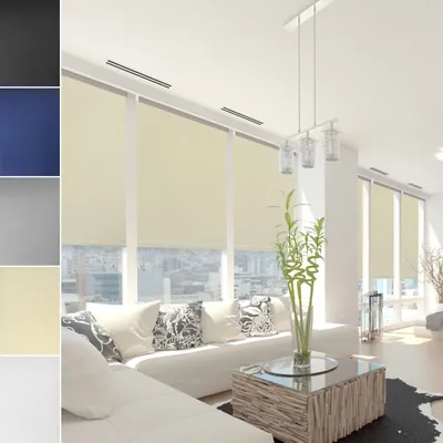 A collage of fabric samples and a living room scene with a sofa and large windows.