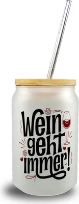Produktbild von Weinglas mit Lächeln Trinkglas mit Bambusdeckel - Wein geht immer
