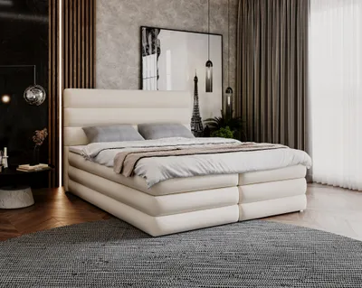 Obrázek produktu pro Postel Boxspring 140x200 cm Ledder Box- Manželská postel s lamelovým roštem a topperem, podstavec pod postel - Čalouněná postel s matrací Bonell - Sametová látka (Béžová - Royal Velvet 6136)