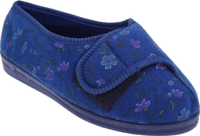Image de Comfylux Davina Pantoufles pour femmes avec velcro et motif floral, extra larges DF517 (41 EU) (Bleu marine)