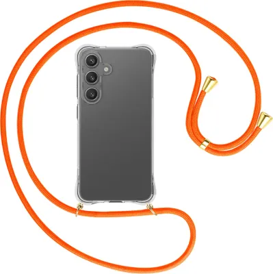 Produktbild von Handykette Backcover-Schutzhülle mit Band (Metall goldfarben) für Samsung S25 - neonorange