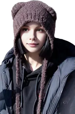 Produktbild von Niedliche Wintermütze mit Bärenohren für Damen, flauschige, lässige Häkelmütze, weiche Plüschmütze, warm mit Ohrenklappen.
