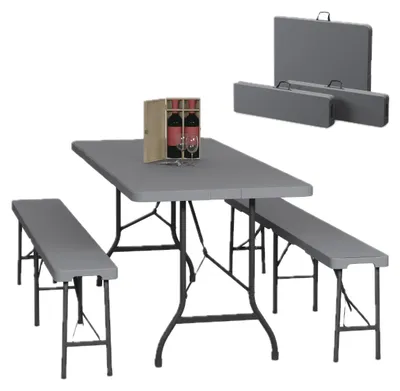 Image de Ensemble de salon de jardin pliable Relaxdays, ensemble de 3 pièces comprenant un grand banc et une grande table, pour le jardin, 180 cm, gris
