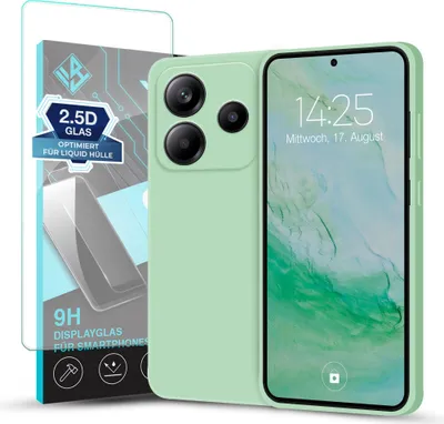 Produktbild von Hülle für Xiaomi Redmi Note 14 5G mit 9H Displayglas Displayschutz Plus Case Cover Bumper Silikon Softgrip Schutzhülle Farbe: Türkis