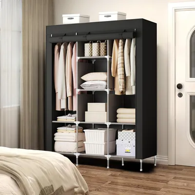 Produktbild von Gliese Stoffkleiderschrank Kellerregal Faltkleiderschrank, mit 2 Kleiderstange und 8 Regalfächern, inkl. Schutzhülle in Schwarz