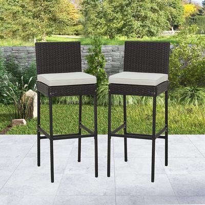 Rattanowy stołek barowy zestaw 2, krzesło bistro do 180 kg, stołek bistro z poduszką, wiklinowy stołek barowy ergonomiczny z oparciem, rattanowy stołek barowy 40x50x108 cm