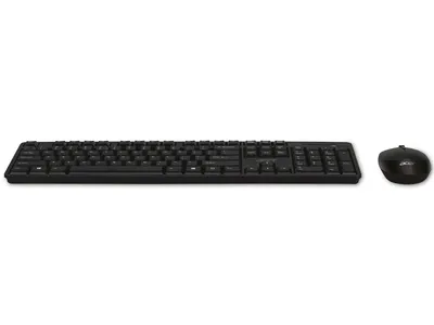 A black wireless keyboard and mouse set on a white background.