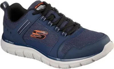 A blue Skechers athletic shoe is shown from a side angle against a white background.
