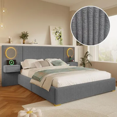 Produktbild von Merax Polsterbett 180x200 cm Samt Bett mit LED Kopfteil, USB Anschlüssen & Nachttisch Schubladen, Doppelbett mit Lattenrost, Flachbett, Grau