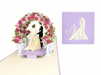 Produktbild von 3D Pop-up-Hochzeitskarte mit Rosenblumenbogen und Hochzeitspaar-Figuren