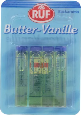 A retail package containing four small vials of butter-vanilla flavoring.