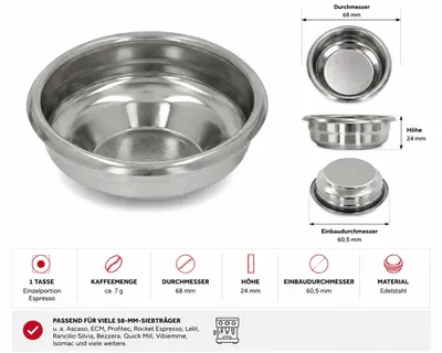 Produktbild von Ascaso Kaffeesieb 1 Tasse 7 g Ø68 mm H24 mm für 58 mm Siebträger passend für viele Espressomaschinen Original Ersatzteil