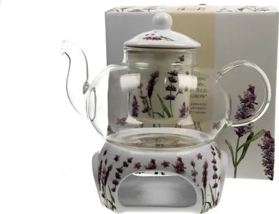 Produktbild von DUO FLORAL Teekanne 1000 ml CLASSIC LAVENDER mit Stövchen, Glas - New Bone China Porzellan