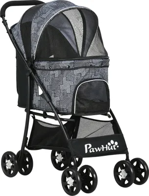 Produktbild von PawHut Hundewagen, faltbarer Hundebuggy, Hundetrolley mit Kissen, Katzenbuggy, Katzenwagen mit 4 Rädern, Netzfenster, Stauraum für kleine Hunde, Katzen, 600D Oxford, Schwarz