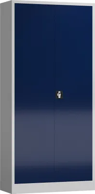 A full-shot studio image of a metal cabinet with two doors and a lock.