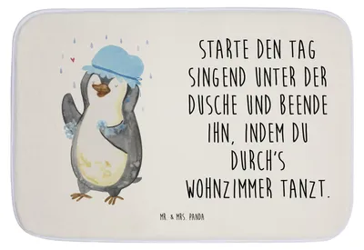 Produktbild von Mr. & Mrs. Panda Badematte Pinguin Duschen - Weiß - Geschenk, Badezimmerteppich, Badezimmer Matte, Dusche, duschmatte, Badteppich, glücklich sein, Badvorleger, Tanzen