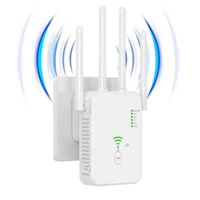 A white WiFi range extender with four antennas is plugged into a wall outlet. Blue wavy lines emanate from the device, indicating WiFi signal.
