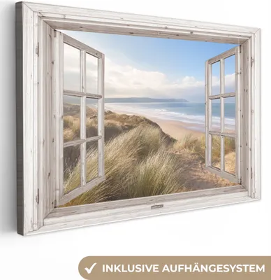 Produktbild von Leinwand Bilder 120x80 cm - Fensterblick - Meer - Dünen - Palme - Sand, Bilder, Wanddeko, Wandbilder Wohnzimmer