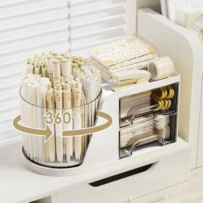 Imagen del producto de Organizador de escritorio giratorio de 360°, con 6 compartimentos, 2 cajones, unidad individual, ideal para oficina y cosméticos