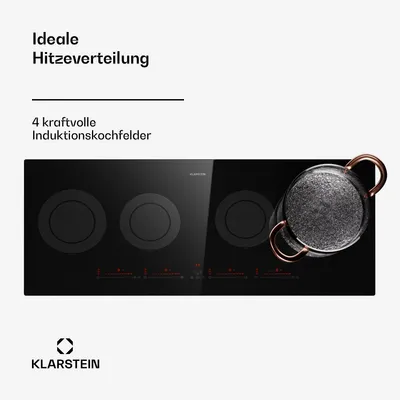 A black induction cooktop with four cooking zones and a pot on one of the zones. Text and a logo are present on the left side of the image.