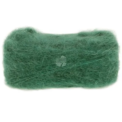 A ball of green yarn on a white background.