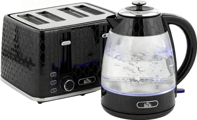 Produktbild von 1,7L 2200W Schnellkoch-Wasserkocher und 4-Scheiben-Toaster-Set mit Kalkfilter, Schwarz