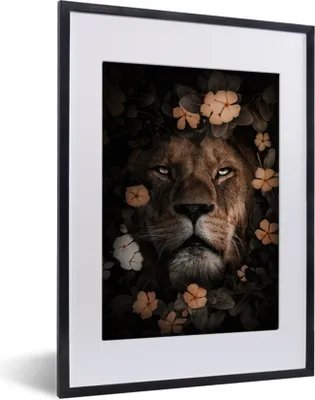 Produktbild von MuchoWow® MuchoWow® Gerahmtes Poster Dschungel - Löwe - Blumen 30x40 cm - Poster mit zchwarzem Bilderrahmen - Wandposter Schlafzimmer