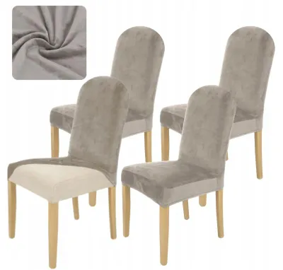Produktbild von 4 Stück Stuhlhussen Stretch Beige - Universal - Samt - Abgerundete Lehne - Schonbezug weich - Stuhlüberzug