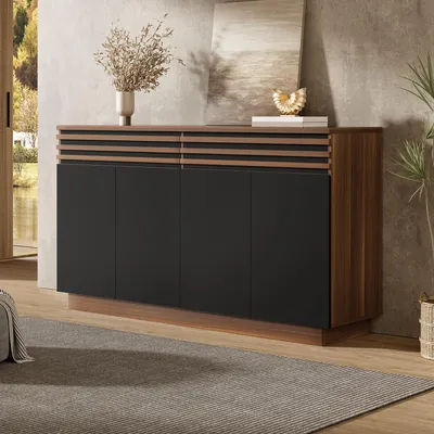 Zdjęcie produktu dla Komoda – 150 x 40 x 85 cm, brązowo-czarna – 2 szuflady i 4 drzwiczki – nowoczesny design z płyty MDF